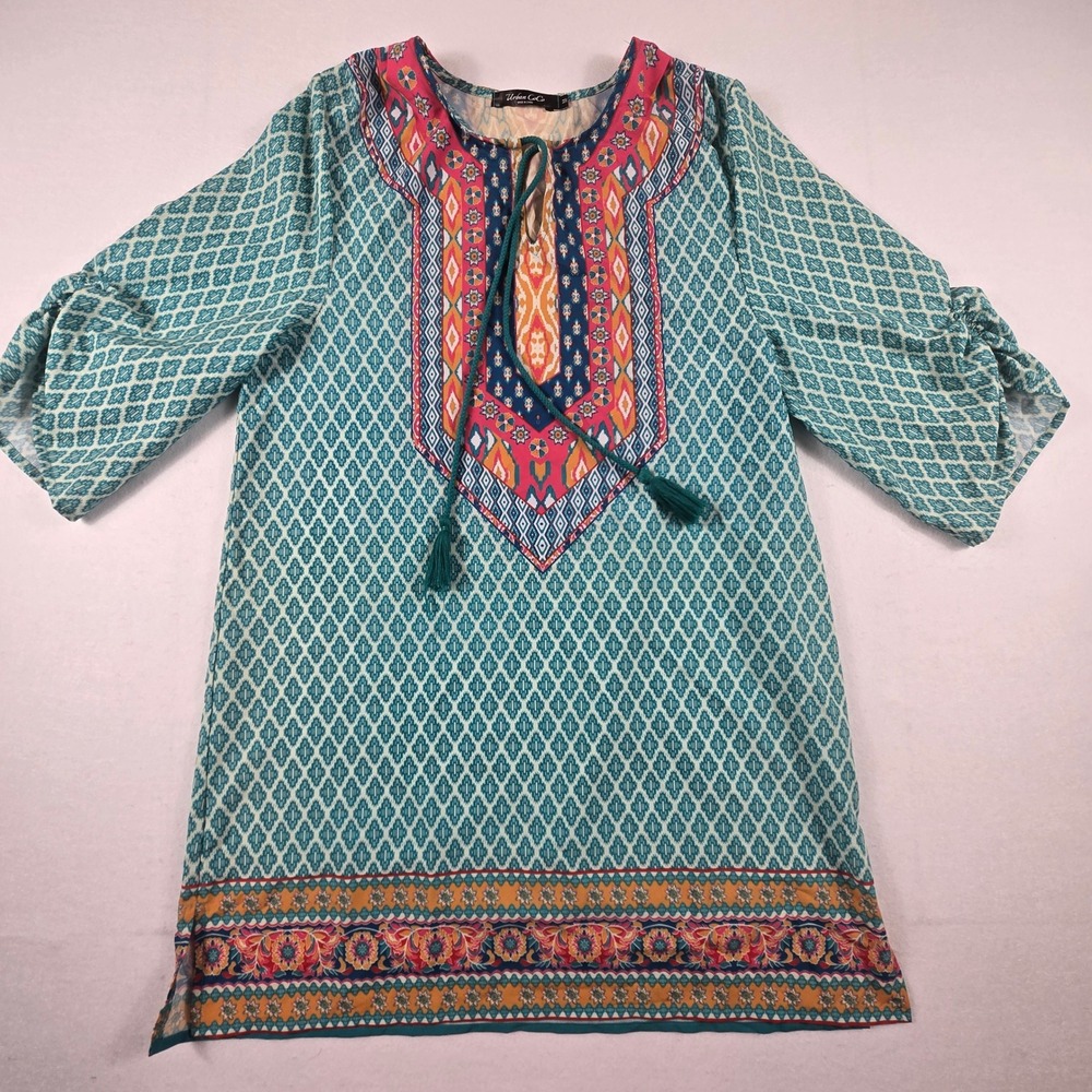 Urban‎ CoCo Tunic Top Women Medium Teal Boho Tassel Tie Print (T7)